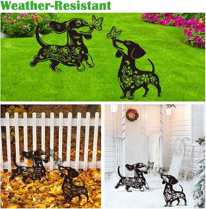 Dachshund Garden Stake Outdoor Yard Decor – Set of 2 Metal Sausage Dog Lawn Ornament, Cute Dog Lover Gift for Women Men, Weather-Resistant Dachshund Silhouette Statues Yard Art for Patio