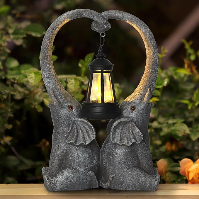 Elephant Statue Garden Decor with LED Solar Lights-Set of 2 Good Luck Elephant Outdoor Statue Christmas Decorations for Yard Patio Porch Home for Women Mom Grandma