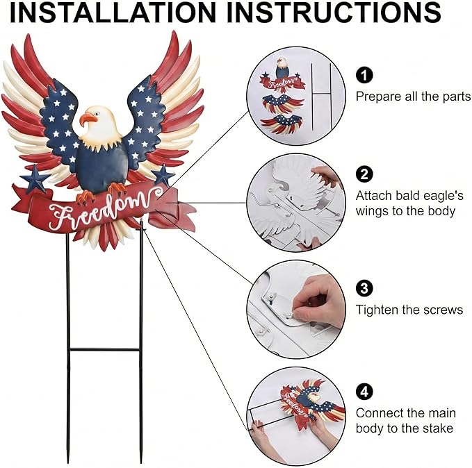 TERESA'S COLLECTIONS 4th of July Decorations for Outdoor, Patriotic Memorial Day Garden Decor, Eagle Metal Yard Art Sign for Outside, Americana Garden Stake for Lawn, Independence Day Gifts, 34''