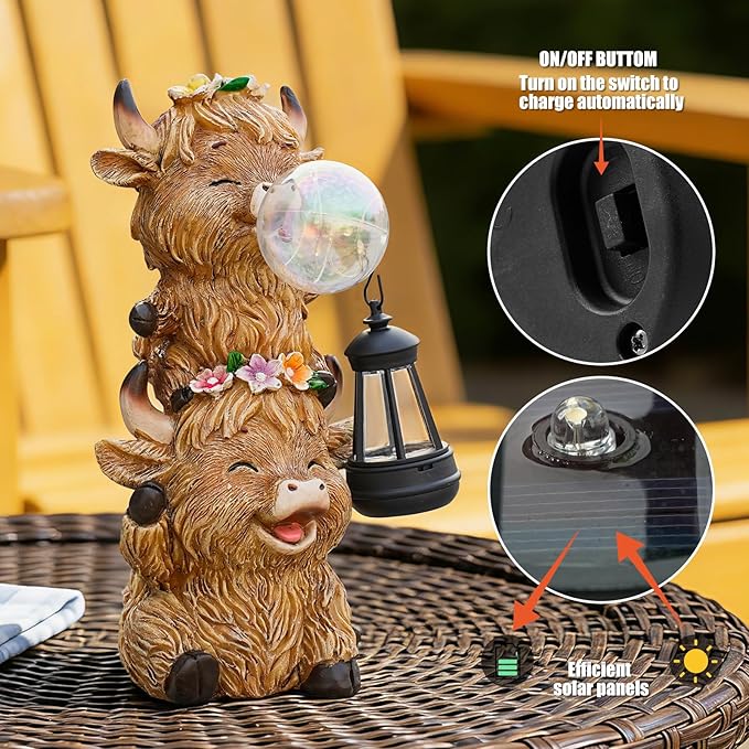 Joint Honglin Solar Highland Cow Garden Statue with LED Lights, Cute Resin Outdoor Decor with Glowing Lantern & Light-Up Bubble, Waterproof Solar Yard Ornament for Lawn, Patio & Garden (Brown Cow)