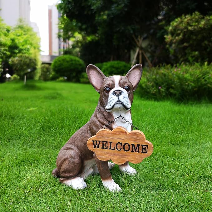 Sophisticated Brown & White Boston Terrier Dog Sculpture with Solar Lantern & Double-Sided 'On Patrol' and 'Welcome' Signposts – Premium Resin Statue for Upscale Garden, Yard, and Patio Décor