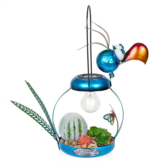 Alpine Corporation 16" H Outdoor Solar-Powered Metal Flamingo Yard Statue, with Enclosed LED Lights, Garden Decor for Patio, Lawn or Porch, Blue
