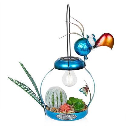 Alpine Corporation 16" H Outdoor Solar-Powered Metal Flamingo Yard Statue, with Enclosed LED Lights, Garden Decor for Patio, Lawn or Porch, Blue