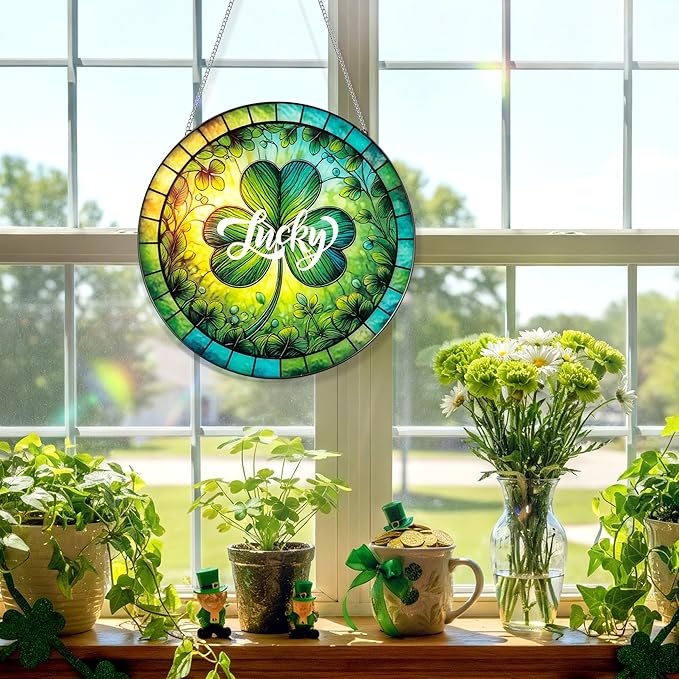 Shamrock Suncatcher Stained Glass Ornaments - 7.87 Inches St. Patrick's Day Clover Window Hanging Decoration, Irish Sun Catcher Home Art Decor for Festival, Gifts for Women Men (Lucky)