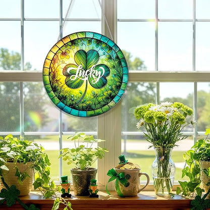 Shamrock Suncatcher Stained Glass Ornaments - 7.87 Inches St. Patrick's Day Clover Window Hanging Decoration, Irish Sun Catcher Home Art Decor for Festival, Gifts for Women Men (Lucky)