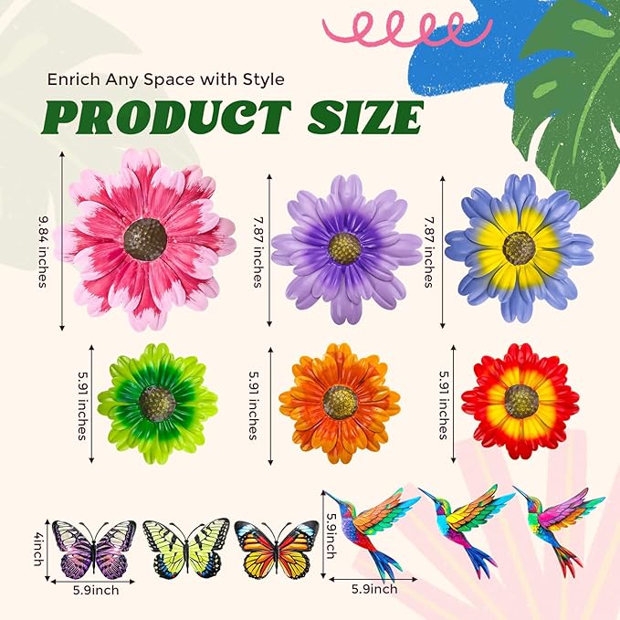 Colingmill 12 Pack Metal Flowers Butterfly Hummingbird Wall Art Decor 3D Metal Outdoor Wall Hanging Sculptures Decoration for Outdoor Garden Fence Yard Patio Indoor Living Room Balcony (Pink)