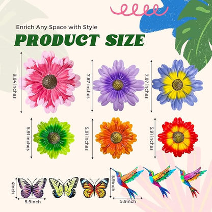 Colingmill 12 Pack Metal Flowers Butterfly Hummingbird Wall Art Decor 3D Metal Outdoor Wall Hanging Sculptures Decoration for Outdoor Garden Fence Yard Patio Indoor Living Room Balcony (Pink)