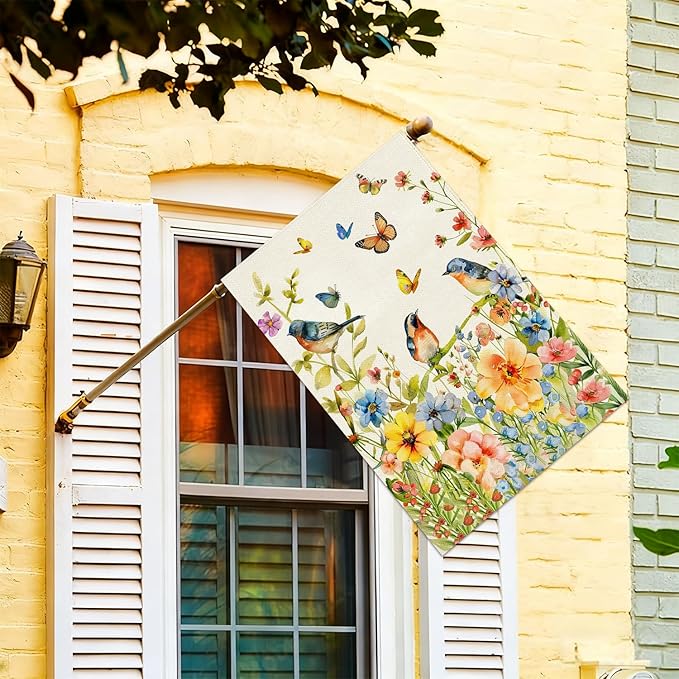 Baccessor Spring Floral Birds House Flag Double Sided 28x40 Inch Burlap,Flower Butterflies Large Garden Flag Porch Patio Front Entry Yard Seasonal Farmhouse Outside Outdoor Decor