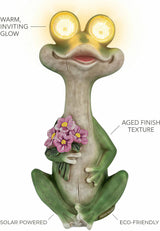 iStatue Solar Frog Garden Statue with Blinking Light-Up Eyes, Resin Outdoor Garden Decor Frog Holding Flowers, Waterproof Animal Figurine for Patio Lawn Yard Porch Balcony (Green)