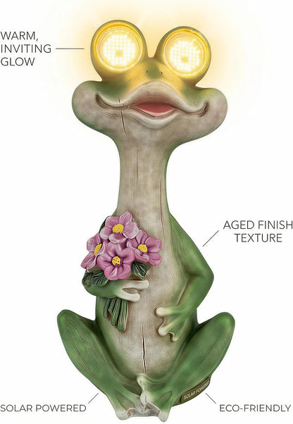 iStatue Solar Frog Garden Statue with Blinking Light-Up Eyes, Resin Outdoor Garden Decor Frog Holding Flowers, Waterproof Animal Figurine for Patio Lawn Yard Porch Balcony (Green)