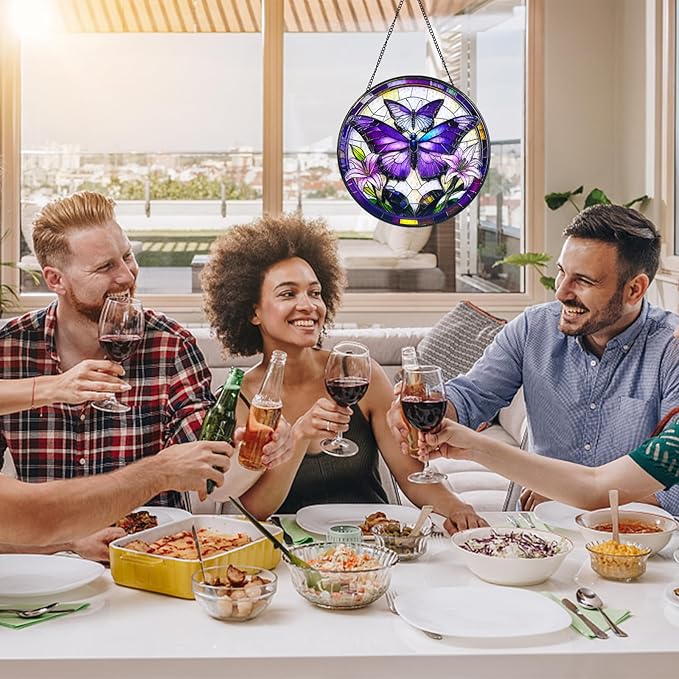 Purple Butterfly Stained Glass Window Hanging Suncatcher with Chain - 7.9" Outdoor/Indoor Art Decor for Home Garden, Wedding, Mother's, Festival, Valentine's & Christmas Ornaments Present