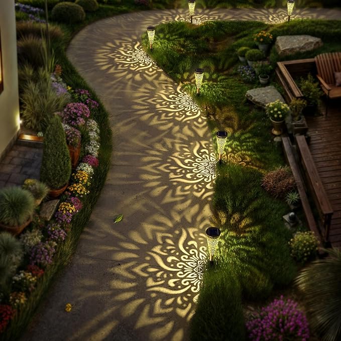 6 Pack Solar Lights Outdoor Garden Decorative Mandala Solar Garden Lights with Warm Light Waterproof Solar Pathway Landscape Lights for Path Backyard Walkway Yard Decor, Gardening Gifts for Women