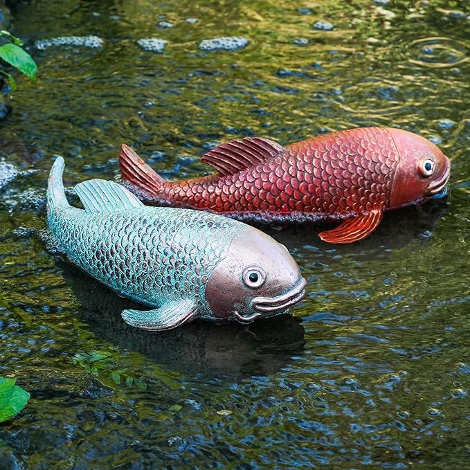 10.8" Resin Koi Pond Kit, 2Pcs Antique Koi Fish Garden Statues, Yard Pond Decor, Large Outdoor Statues Ornaments, Real Fish Sculpture Art, Garden for Outdoors