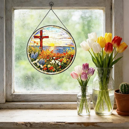 Cardinal Gifts,Cardinal Suncatcher,Christ Cross Ornament, Flower Stained Glass Window Hanging Sun Catcher Window Decor Christian Gifts Religious Decor Religious Gifts Gift for Christmas 7.87"