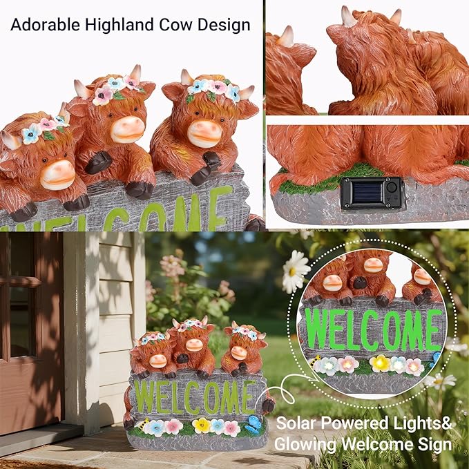 Solar Highland Cow Garden Statue Outdoor Decor - Rustic Farmhouse Decorations & Christmas, Birthday Housewarming Gifts for Mom, Grandma, Women, Resin