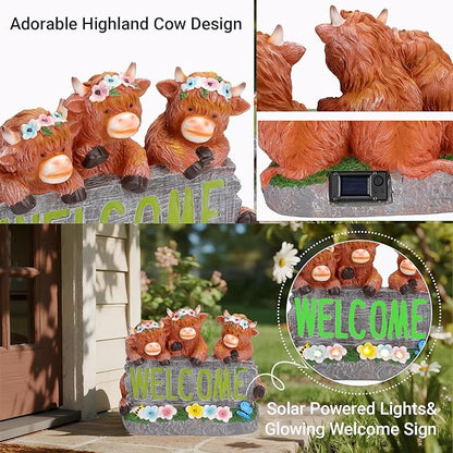 Solar Highland Cow Garden Statue Outdoor Decor - Rustic Farmhouse Decorations & Christmas, Birthday Housewarming Gifts for Mom, Grandma, Women, Resin
