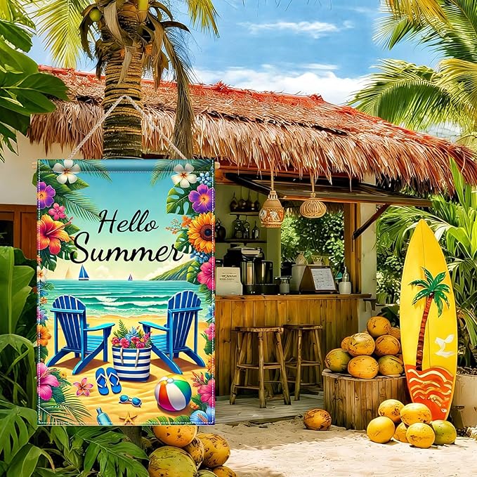 HOMETITUTE Hello Summer Garden Flag Beach Chair Sunset Sea 12x18 Inch Double Sided Welcome Small Seasonal Holiday Yard Outdoor Sign Outside Home House Beach Party Decorations