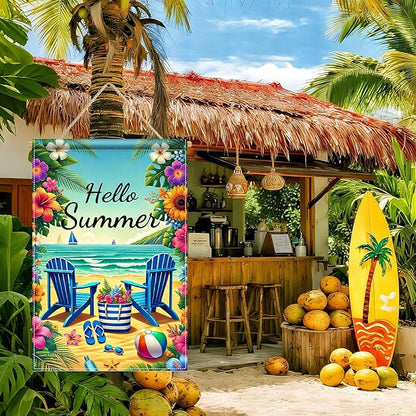 HOMETITUTE Hello Summer Garden Flag Beach Chair Sunset Sea 12x18 Inch Double Sided Welcome Small Seasonal Holiday Yard Outdoor Sign Outside Home House Beach Party Decorations