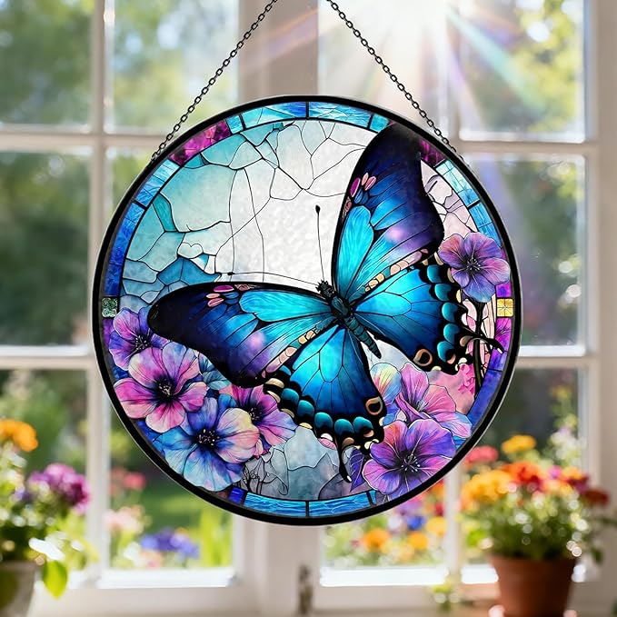 Butterfly Stained Glass Window Hanging - 7.9'' Handmade Sun Catcher Floral Garden Decor, Colorful Glass Panel Crystal Butterfly Wall Art for Home Windows - Birthday Gifts for Women, Mom, Nature Lovers