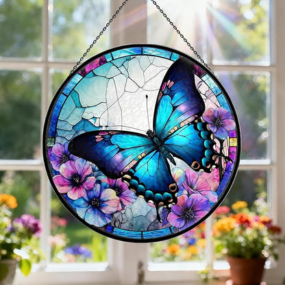 Butterfly Stained Glass Window Hanging - 7.9'' Handmade Sun Catcher Floral Garden Decor, Colorful Glass Panel Crystal Butterfly Wall Art for Home Windows - Birthday Gifts for Women, Mom, Nature Lovers