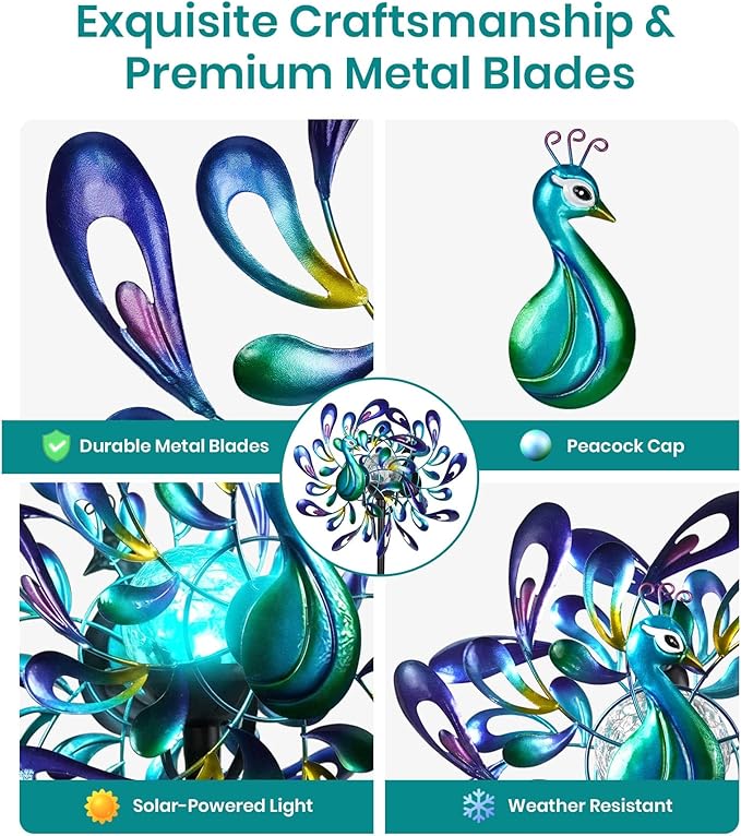 Peacock Wind Spinners Outdoor for Garden, Colorful Metal Kinetic Yard Art with Radial Motion, Decorative Outdoor Wind Sculpture for Lawn, Patio & Walkway