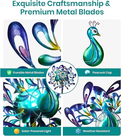 Peacock Wind Spinners Outdoor for Garden, Colorful Metal Kinetic Yard Art with Radial Motion, Decorative Outdoor Wind Sculpture for Lawn, Patio & Walkway