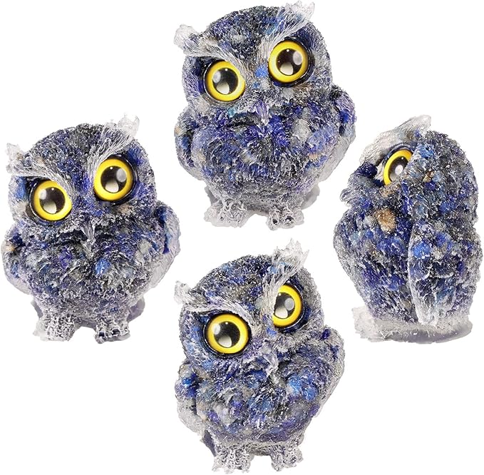 Nupuyai 3 inches Orgone Resin Crystal Chips Tumbled Stone Owl Statue, Mini Hand Carved Stone Crystal Animal Figurines for Tabletop Indoor Outdoor, Lapis Lazuli