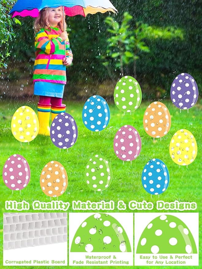 12Pcs Easter Yard Signs Outdoor Decorations Pastel Easter Egg shaped Yard Sign with Stakes Colorful Eggs Garden Signs for Garden Lawn Home Party Supplies (12 Pcs Eggs)