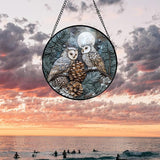 Stained Glass Window Hanging - Owl On A Tree Suncatcher for Doors Garden Patio Winter Scene Sun Catchers Decor Christmas Mother's Day Birthday Gifts for Women Men Mom Nana Friend 15 in