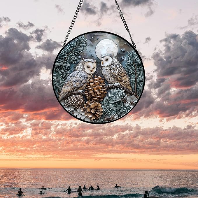 Stained Glass Window Hanging - Owl On A Tree Suncatcher for Doors Garden Patio Winter Scene Sun Catchers Decor Christmas Mother's Day Birthday Gifts for Women Men Mom Nana Friend 7.8 in
