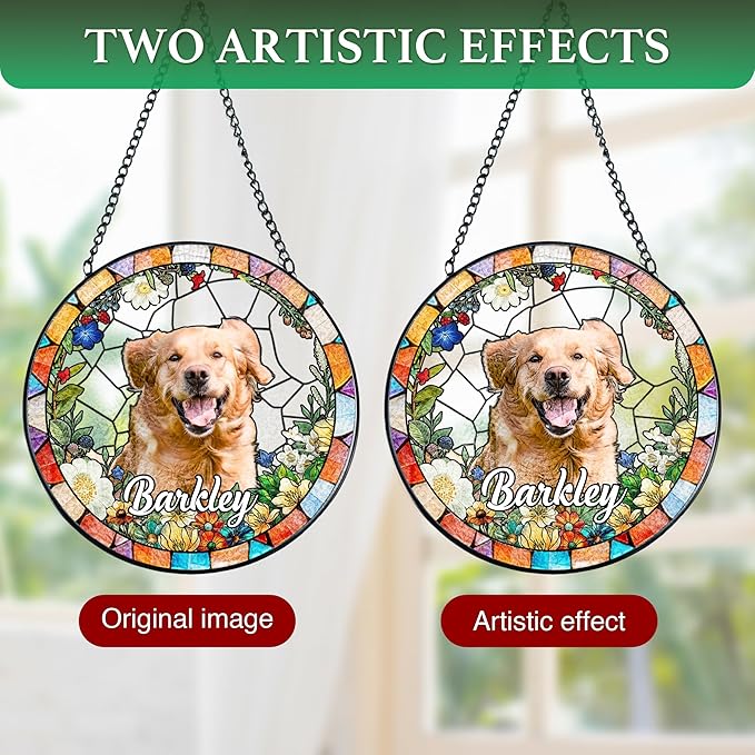 Personalized Pet Stained Glass Suncatcher, Dog Memorial Window Hanging, Sympathy Bereavement Potrait Photo Gift for Loss of Pet, Remembrance Gift for Dog Cat Lovers