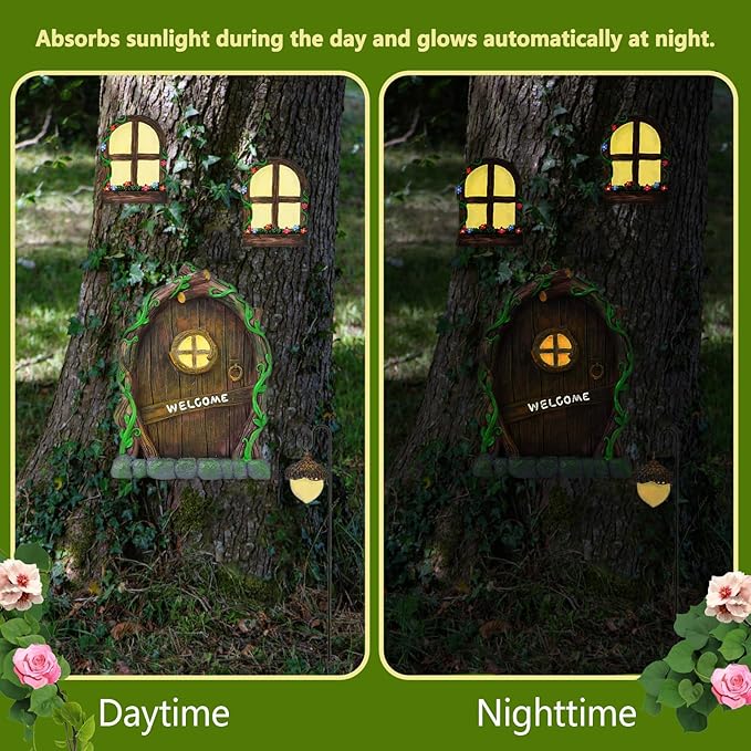 Fairy Door and Windows for Trees Outdoor, Glow in The Dark Fairy Doors Miniature Fairy Garden Accessories, Yard Art Sculpture Decoration Fairy Garden Decor with Lantern for Outside, Patio