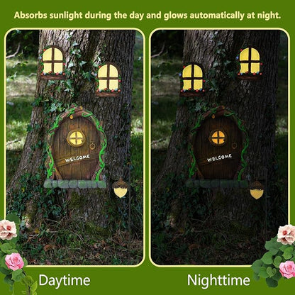 Fairy Door and Windows for Trees Outdoor, Glow in The Dark Fairy Doors Miniature Fairy Garden Accessories, Yard Art Sculpture Decoration Fairy Garden Decor with Lantern for Outside, Patio