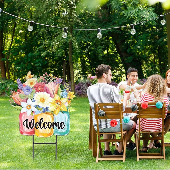 JarThenaAMCS Spring Flower Metal Garden Stakes Colorful Floral Vase Decorative Lawn Sign Welcome Yard Sign for Home Outside Lawn Porch Walkway Decor