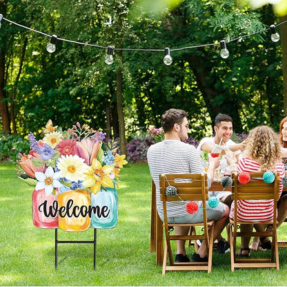 JarThenaAMCS Spring Flower Metal Garden Stakes Colorful Floral Vase Decorative Lawn Sign Welcome Yard Sign for Home Outside Lawn Porch Walkway Decor