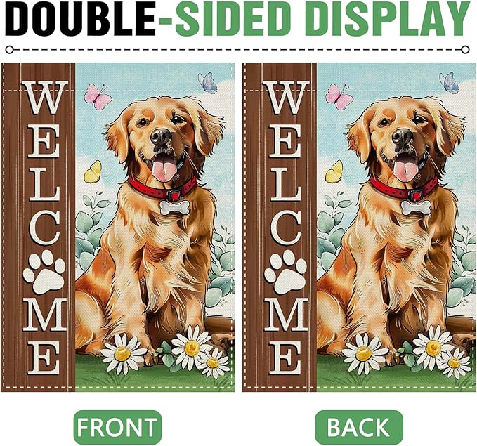 Dyrenson Welcome Golden Retriever Dog 28 x 40 House Flag Double Sided, Paw Prints Garden Yard Decoration Pet Owner Lover Gift, Spring Summer Burlap Outdoor Decor Decorative Large Flag