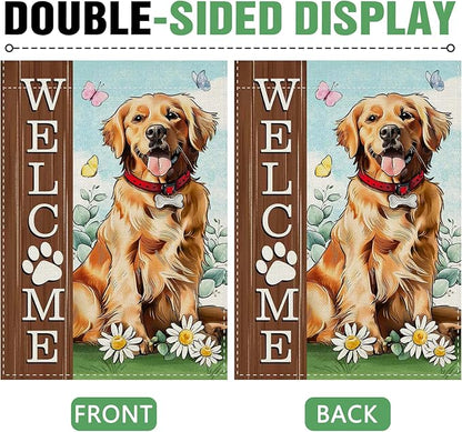 Dyrenson Welcome Golden Retriever Dog 28 x 40 House Flag Double Sided, Paw Prints Garden Yard Decoration Pet Owner Lover Gift, Spring Summer Burlap Outdoor Decor Decorative Large Flag