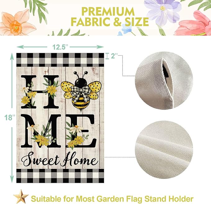 ORTIGIA Home Sweet Home Bee Garden Flag Double Sided 12.5x18 Inch, Spring Summer Yellow Flower Buffalo Plaid Check Small Yard Flag Burlap Farmhouse Rustic Outside Outdoor Lawn Patio Decor