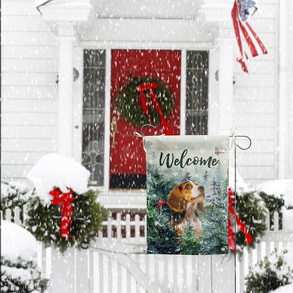 Welcome Winter Garden Flags Beagle Garden Flag Cardinal Birds on Snowy Pine Tree Flag Dog Yard Flags for Outside 12x18 Double Sided Christmas Decorative