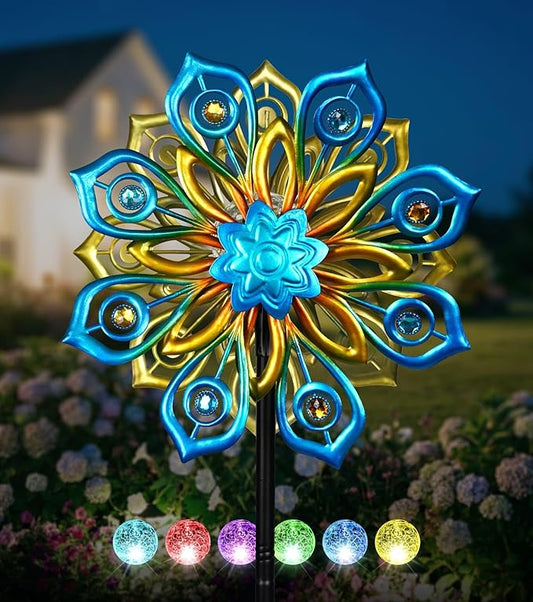 Solar Wind Spinners Outdoor, 63x13 Inch Double Layer Metal Wind Spinner with Crackle Glass Ball, Built-in Solar Panel, Peacock Feather Kinetic Yard Art with LED Light for Garden Decor