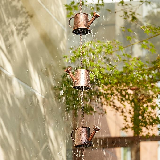 Glitzhome 8.5 FT Watering Pot Rain Chains, Faux Copper Rain Chains for Gutters with 11 Pots, Adjustable Rain Catcher Chain with V-Shaped Gutter