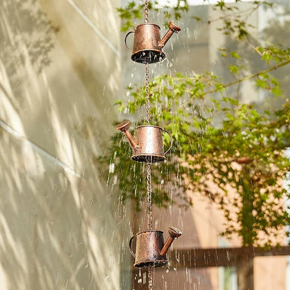 Glitzhome 8.5 FT Watering Pot Rain Chains, Faux Copper Rain Chains for Gutters with 11 Pots, Adjustable Rain Catcher Chain with V-Shaped Gutter