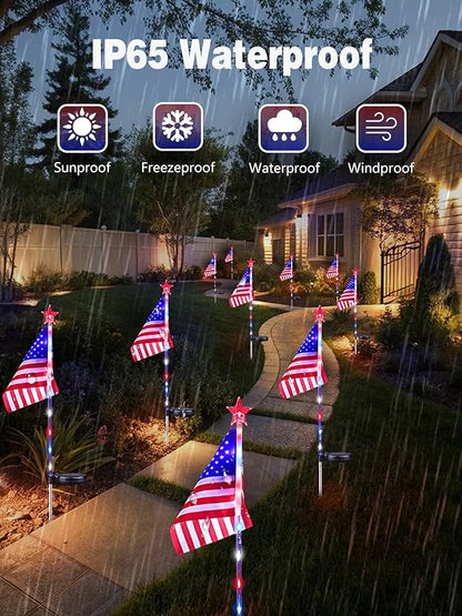 6 Pack Solar American Flag Lights Outdoor, 4th of July Decorations Outdoor, Waterproof Solar Flag Patriotic Lights for Yard, Garden, Pathway, Independence Day, 250th Anniversary (Red White and Blue)