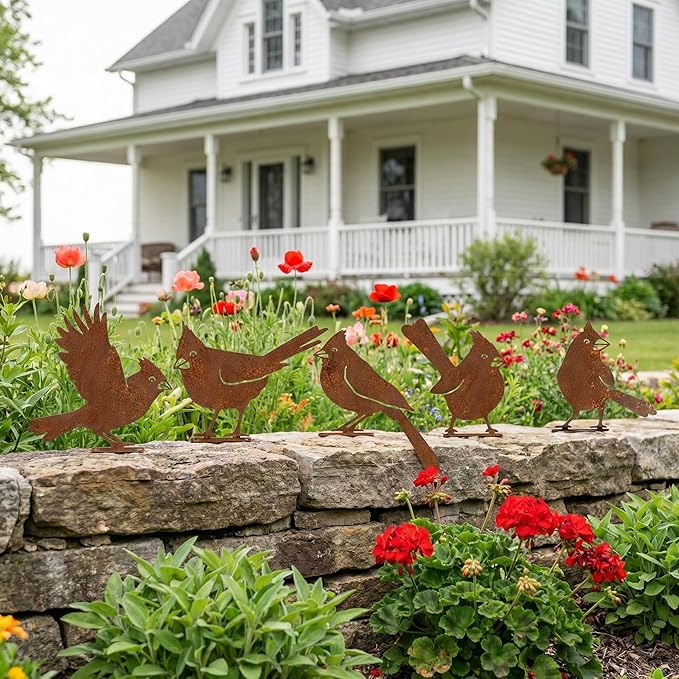 5PCS Rusty Metal Cardinal Silhouettes Outdoor Garden Statues, Rustic Bird Yard Art for Fence Patio, Spring Garden Ornaments (Vintage Rusted Finish, Not Defects)