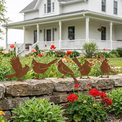 5PCS Rusty Metal Cardinal Silhouettes Outdoor Garden Statues, Rustic Bird Yard Art for Fence Patio, Spring Garden Ornaments (Vintage Rusted Finish, Not Defects)