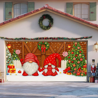 IVN Christmas Garage Door Cover Decoration 13x6ft Gnomes by Barn Doors with Tree Merry Christmas Garage Door Banner Home Door Front Yard Decor for Xmas Eve Holiday Outdoor