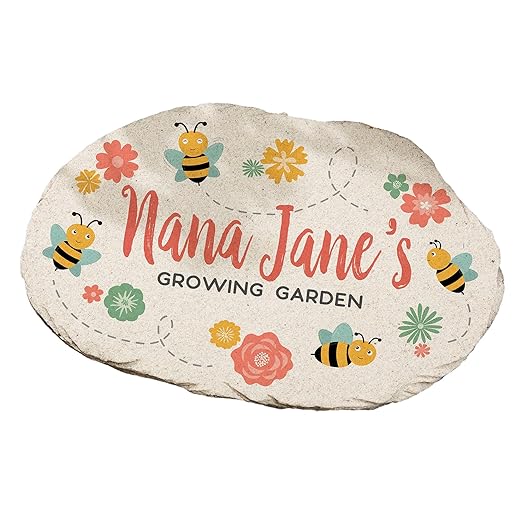 Personalization Universe Grandma's Bee Happy Garden Decor, Personalized Round Stone with Floral Design, Perfect for Outdoor Gardens, Walkways, and Mother's Day - 7.5" x 12" Size