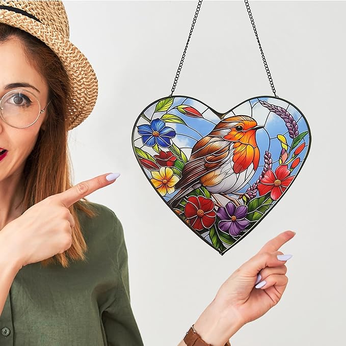 Heart-Shaped Robin Bird Stained Glass Window Hanging, 9.8'' Colorful Flower Sun Catcher Glass Panel Decor with Chain, Handcrafted Sun Catcher Gifts for Mom Wife Birds Lovers (Bird & Flower)