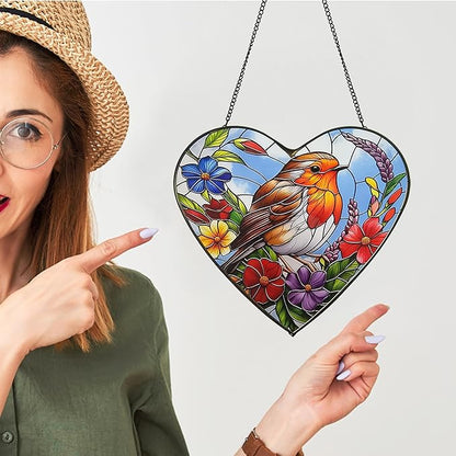 Heart-Shaped Robin Bird Stained Glass Window Hanging, 9.8'' Colorful Flower Sun Catcher Glass Panel Decor with Chain, Handcrafted Sun Catcher Gifts for Mom Wife Birds Lovers (Bird & Flower)
