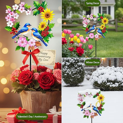 Decorative Garden Stakes Metal Red Cardinal - Heart Shaped Pair of Red Birds with Flowers 24 Inch Colorful Yard Decor, Outdoor Lawn Ornament(Cardinal Couple)